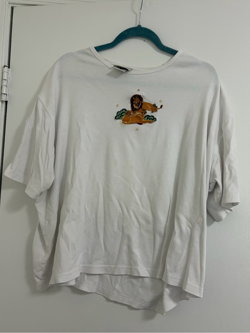 White Short-Sleeve Top with Lion Motif